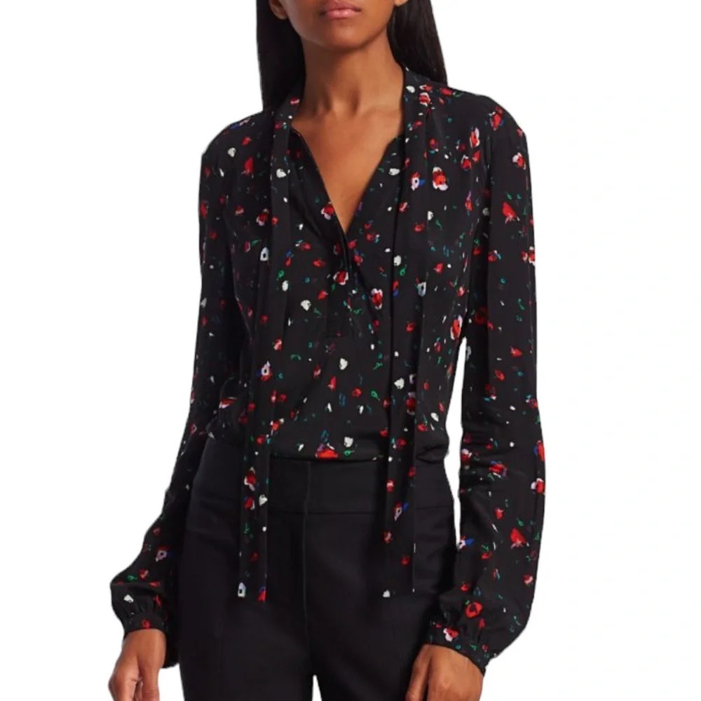 NWT DEREK LAM 10 Crosby Evadne Floral Tie Front Blouse Black Size 2